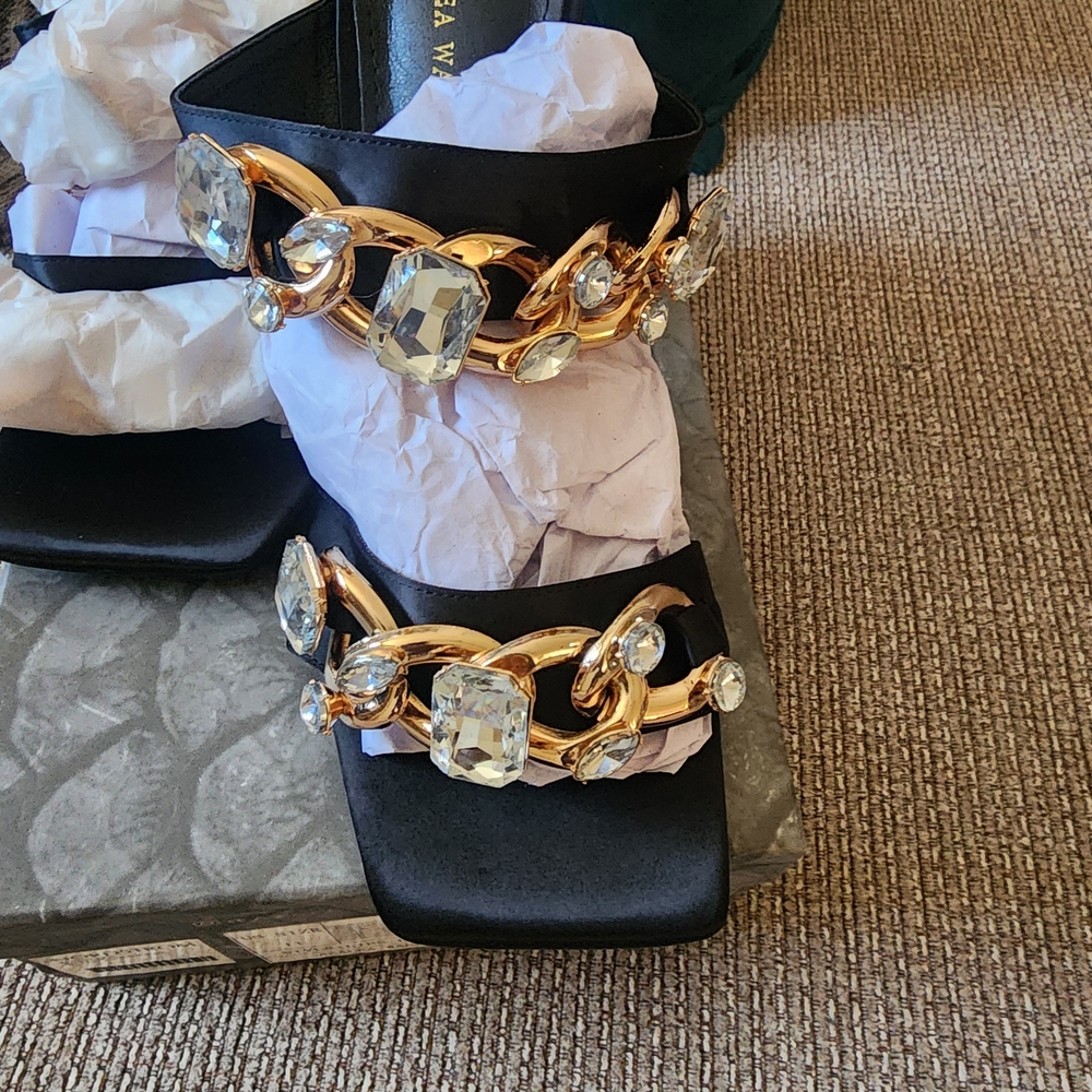 New!! Black Heeled Sandals with Gold Chain & Crystal Accents - Picture 2 of 5